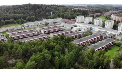 Aerial-panoramic-apartment-buildings-of-Bergsjon,-Gothenburg,-Sweden