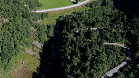 Road-passing-through-a-thick-evergreen-forest-on-a-mountain-in-Norway-drone-shot