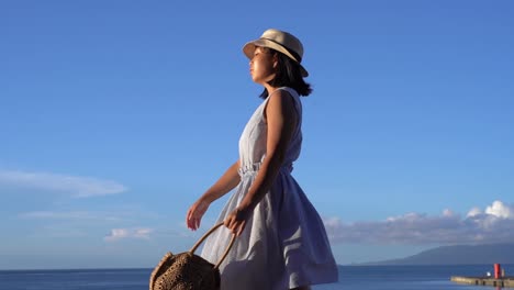 Japanese-girl-in-summer-dress-holding-bag-walking-in-front-of-Ocean-on-beautiful-clear-day---sideways-tracking-shot