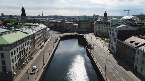 Overflying-The-Big-Harbour-Canal-And-The-Tower-Of-Christina-Church-At-Daytime-In-The-Central-Gothenburg,-Sweden