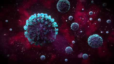 Covid-19-Moléculas-De-Coronavirus---Segunda-Ola-Del-Virus-De-La-Influenza---Brote-Pandémico-Células-Azules-Fondo-Rojo---Representación-3d