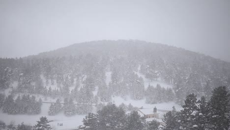 Paisaje-Invernal,-Nevando-En-Las-Montañas,-Bosque-Al-Fondo,-Cielo-Nublado,-España,-Tiro-Estático