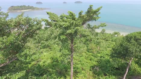 Luftaufnahme-Des-Dichten-Koh-Chang-Woodland-Resort-Mit-Blick-Auf-Die-Tropischen-Inseln-Des-Türkisfarbenen-Ozeans