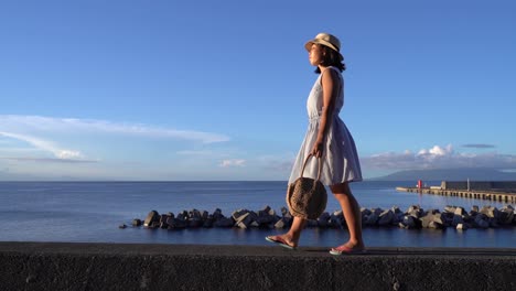 Japanese-girl-in-summer-dress-holding-bag-walking-in-front-of-Ocean-on-beautiful-clear-day---wide-sideways-tracking-shot-SLOW-MOTION