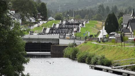Caledonian-Canal-and-locks-in-Fort-Augustus,-Highlands,-Scotland