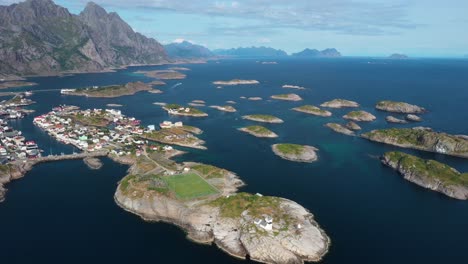 Aerial-of-Henningsvaer-Municipality-Settled-on-Few-Small-Lofoten-Islands,-Norway