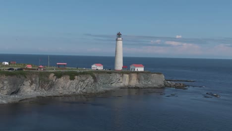 Tallest-Lighthouse-Against-The-Blue-Sky---Cap-des-Rosiers-Lighthouse-In-Gaspe-Peninsula-Surrounded-By-The-Saint-Lawrence-River-In-Quebec,-Canada