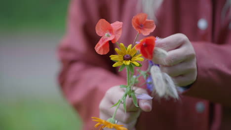 Frau-Hält-Eine-Vielzahl-Wunderschöner-Blumen-Und-Wildes-Gras-In-Der-Hand,-Während-Sie-In-Einem-Park-In-Den-Niederlanden-Die-Blütenblätter-Einzeln-Entfernt