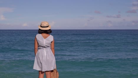 Back-of-girl-in-summer-dress-standing-in-front-of-wide-open-Ocean-Horizon-on-bright-and-sunny-day-with-high-waves-splashing-in-front-of-her-SLOW-MOTION