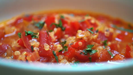 Macro-view-of-Trukish-tomato-soup-in-a-bowl-and-ready-to-eat