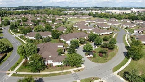 Descending-aerial-on-single-story-homes-and-cottages-in-American-retirement-community,-old-peoples-home,-modern-single-story-real-estate-living-for-senior-citizen-Boomers
