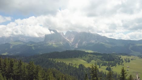 Aerial-fly-over-a-pine-tree-forest,-mountain-ranges-in-the-background,-Alpe-di-Siusi,-Ortisei,-Tyrol,-Italia