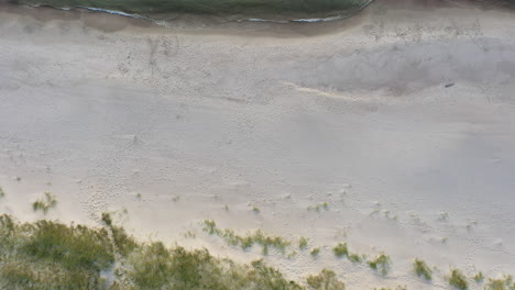 AERIAL:-Top-View-Ascending-Shot-of-Deserted-Sandy-Beach-on-a-Lovely-Evening-with-visible-Seashore-and-Baltic-Sea