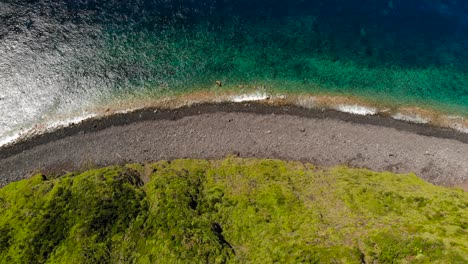 Top-down-aerial-drone-view-of-rocky-beach,-green-forest-and-turquoise-ocean