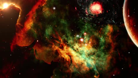 Rote-Nebelwolken-Und-Ein-Planet,-Der-Sich-Im-Universum-Nähert