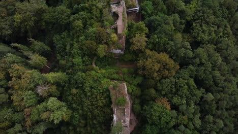 Vista-De-Pájaro-De-La-Ruina-Del-Castillo-Burg-Drachenfels-Cerca-De-Busenberg-En-El-Bosque-Del-Palatinado,-Alemania,-Tiro-Aéreo-De-Drones