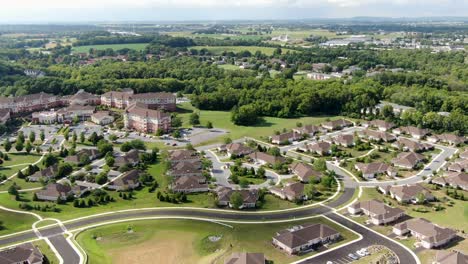 High-wide-aerial-pan-shot-of-retirement-home-community-in-United-States,-CCRC,-residential-independent-living-and-assisted-living-nursing-home,-old-peoples-home,-retirement-theme