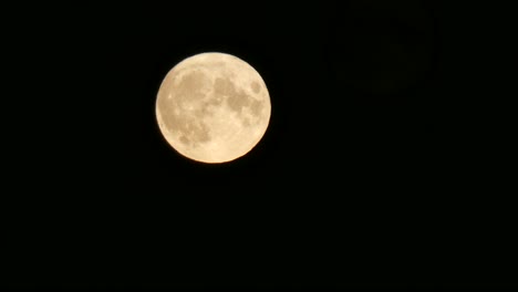 Glowing-full-harvest-moon-crater-surface-closeup-passing-across-dark-sky