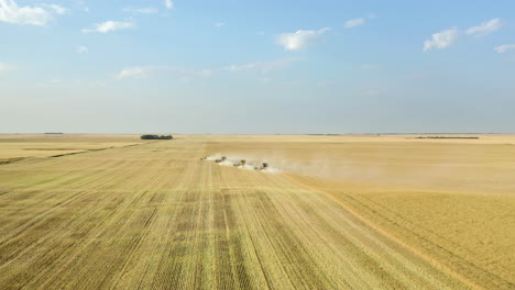 Combine-harvesters-mowing-canola-in-sunny-field,-long-drone-shot