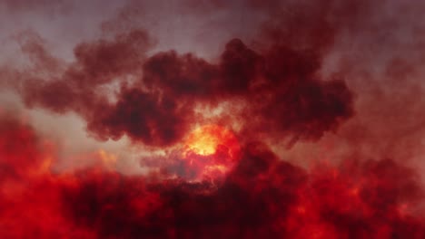Flying-through-high-altitude-clouds-with-orange-red-sunset,-seamless-looping-repeating-time-lapse-background