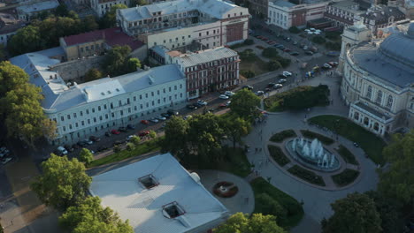 Cityscape-of-Odessa,-Ukraine---Historic-Theatre-Building-Courtyard---Aerial-Drone-Panoramic-Flyover