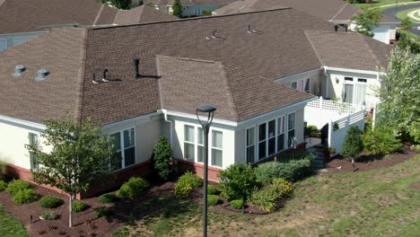 Aerial-of-new-modern-condo-single-story-home,-retirement-home-community,-ADA-compliant-housing-in-United-States-of-America,-USA,-senior-living-center,-old-age-independent-assisted-living-facility