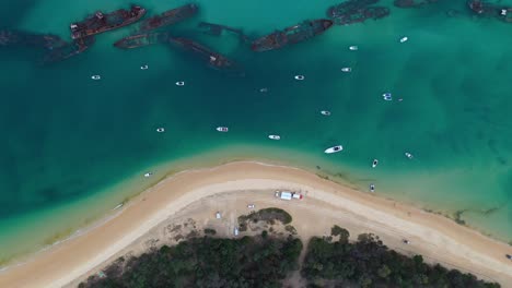 Aerial:-Tangalooma-shipwrecks,-Australia,-top-down-view