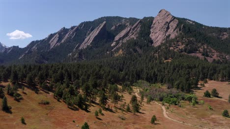 Aerial-drone-footage-of-a-hiking-trail,-forest,-and-the-flat-Irons-rock-formation-in-Boulder,-Colorado