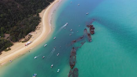 Amazing-view-of-Tangalooma-shipwrecks,-Moreton-Island-Australia,-aerial