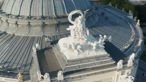 European-Art-Monument-Statue-on-Roof-of-Odessa-Opera---Ballet-Theatre---Aerial-Drone-Closeup-Rotating