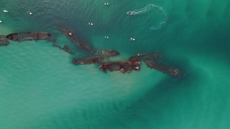 Tangalooma-shipwrecks,-Moreton-Island-Australia,-high-rising-aerial-view