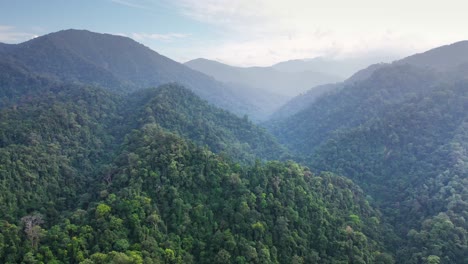 Cinematic-backwards-aerial-shot-of-beautiful-jungle-landscape-in-Gunung-Leuser-National-Park,-the-Tropical-Rainforest-Heritage-of-Sumatra,-Indonesia