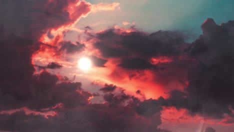 Kumuluswolken-Und-Sonne,-Die-Bei-Sonnenaufgang-Oder-Sonnenuntergang-Scheint-Und-Sich-über-Den-Blauen-Himmel-Bewegt