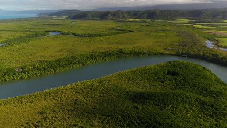 Daintree-River-with-Great-Dividing-Range-background,-aerial-landscape