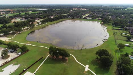 Aerial-video-of-pond-at-Woodland-Park-in-Krugerville-Texas