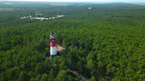 Stunning-View-Of-Lighthouse-Stilo-Surrounded-By-A-Dense-Foliage-Forest-Landscape-In-Sasino,-Poland-During-Daytime