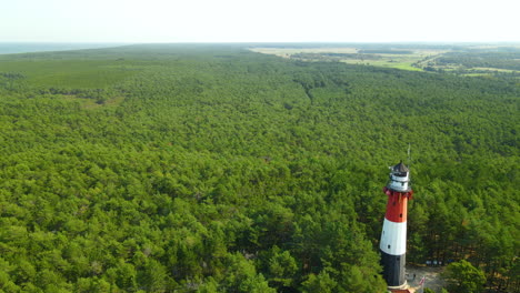 Aerial-View-Of-The-Stilo-Lighthouse-Surrounded-By-Lush-Green-Foliage-In-Osetnik,-Poland,-On-The-Polish-Coast-Of-The-Baltic-Sea---drone-shot
