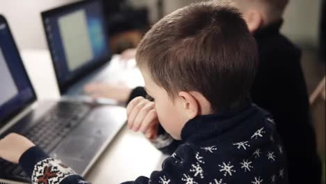 Backside-footage-of-two-boys-learning-how-to-use-laptops.-Programming-class.-Educational-process.