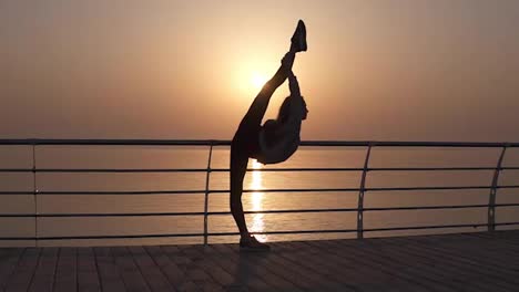 The-stunning-silhouette-of-a-thin-girl-arches-from-a-vertical-twine.-Incredible-flexibility-of-the-body.-Stretching.-Morning-sunrise