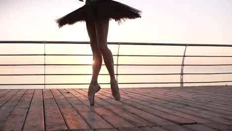 Close-up-of-an-elegant-ballet-dancer's-legs,-stepping-on-a-wooden-embankment-on-tip-toes-in-pointes.-Black-ballet-tutu.-Beautiful-scene-with-a-morning-sun-rising-in-perspective