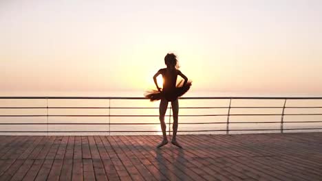 Young,-tender-ballet-dancer-practicing-near-the-sea-ocean.-Jumping-up-on-the-spot.-In-dark-tutu-and-pointe.-Backside-view.-Morning