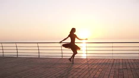 Young-woman-in-black-tutu-doing-ballet-at-the-seafront.-Bosk.-Sunlight.-Attractive-ballerina-practices-in-jumping.-Side-view.-Slow-motion