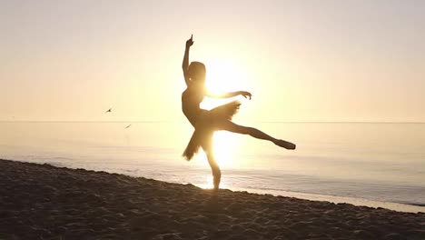 Silhouette-of-an-elegant-ballerina-in-a-tutu-in-the-rays-of-the-morning-sun.-Doing-exercises,-practicing.-Seashore.-Slow-motion