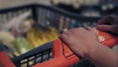 Unrecognizable-female-hands-pushing-shopping-cart-in-grocery-store.