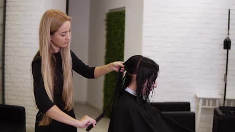Blonde-hairdresser-holding-scissors-and-comb-and-shares-on-sections-clients-wet-hair-for-a-perfect-hair-cut.-Young-beautiful-woman-hair-cut-in-beauty-salon.-Process-of-hair-cutting-with-use-scissors.-Side-view.-Slow-motion