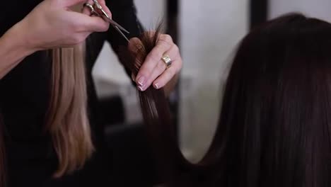 Closeup-of-skilled-hairdresser-with-french-manicure-cuts-client-brown-hair-ends-with-new-metal-scissors-using-a-special-technique.-Professional-stylist-taking-care-of-clients-ends.-Slow-motion
