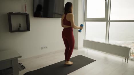 Rear-view-of-a-woman-doing-back-lunges-with-dumbbels-in-hands
