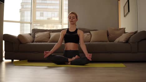 Attractive-female-adult-meditating-in-lotus-position-at-home-sitting-on-yoga-mat-enjoying-exercises.-Young-people,-healthy-lifestyle-and-interiors-concept.-Low-angle-footage