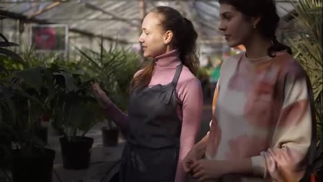Young-smiling-female-florist-walking-with-a-client-and-showing-her-different-plants,-explaining-information.-Young-woman-is-listening-carefully-to-the-florist