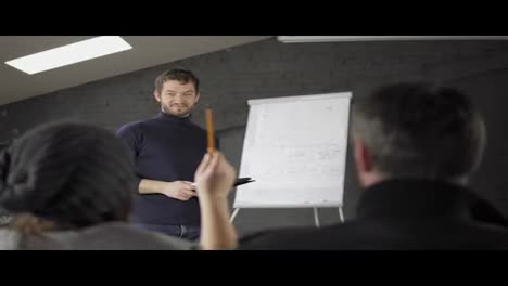Handsome-young-businessman-pointing-at-flipchart-during-presentation-in-conference-room-and-holding-tablet.